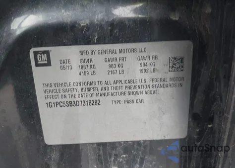 2013 Chevrolet Cruze 1Lt Auto из США, поврежденный, VIN 1G1PC5SB3D7318282